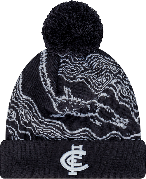 Front view of the 2024 Carlton New Era Indigenous Knit beanie.