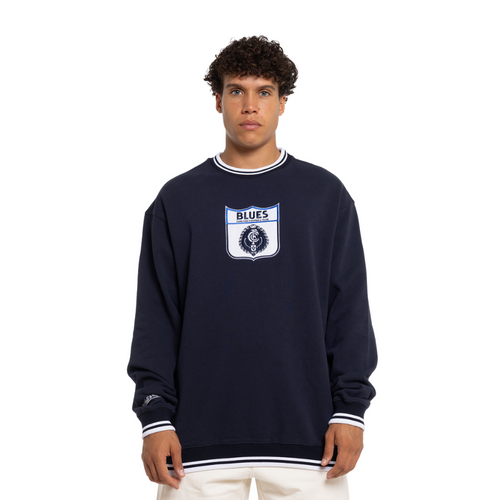 Front view of the Mitchell & Ness Carlton Logo Team Applique Crew sweatshirt. Front view of the Mitchell & Ness Carlton Logo Team Applique Crew sweatshirt.