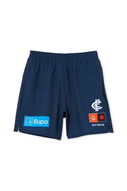 Front view of the 2024 Cotton On S9 Mens Training Shorts for Carlton AFLW support.