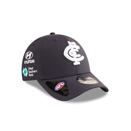 Angled back view of the 2025 Carlton New Era Media 9Forty cap.