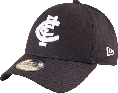 Three-quarter view of the 2025 Carlton New Era 9Forty Badged cap. Three-quarter view of the 2025 Carlton New Era 9Forty Badged cap.