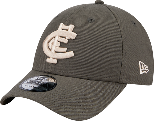 Three-quarter view of the 2025 Carlton New Era Dusty Charcoal 9Forty cap (Adult).