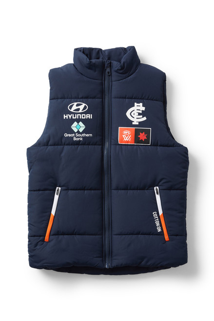Front view of the 2025 Cotton On S10 Adults Puffer Vest for Carlton AFLW support.