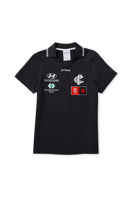 Front view of the 2025 Cotton On S10 Women's Media Polo for Carlton AFLW support.