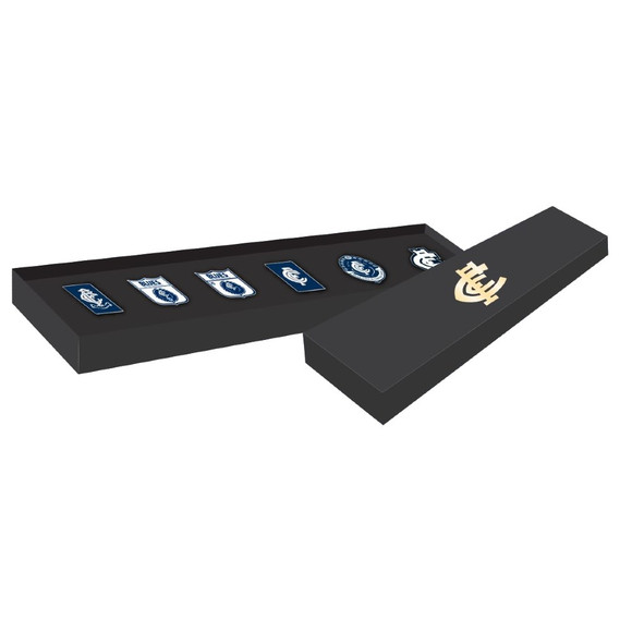 The Carlton Logo Pin Set by Trofe, showing six collectible pins in a gift box.
