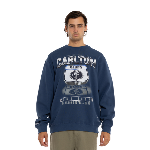 Front view of the Mitchell & Ness Carlton Shield Crew sweatshirt.