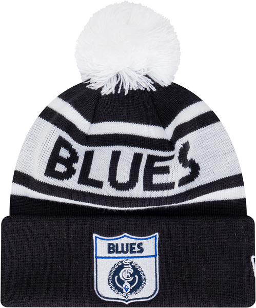 Front view of the Carlton New Era Retro Spellout Knit beanie.