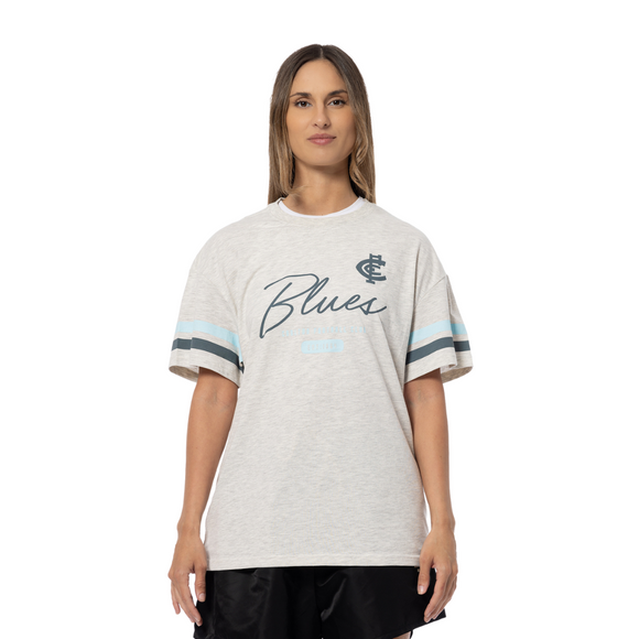 Front view of the 2025 Carlton Womens OS (Oversized) Stack Tee by NAR.