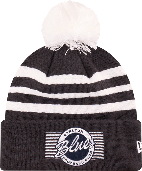 Front view of the 2025 Carlton New Era Knit Badged beanie with pom-pom.