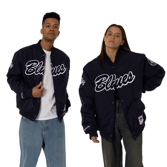 Front view of the Carlton '95 Nylon Bomber Jacket by Mitchell & Ness.
