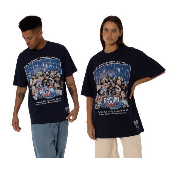 Front view of the Carlton '95 Premiership Team Tee by Mitchell & Ness.
