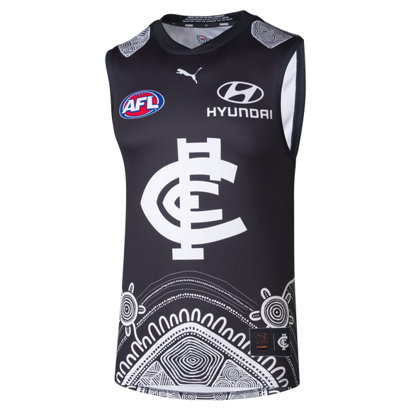 Front view of the 2025 Carlton PUMA Mens Indigenous Guernsey.