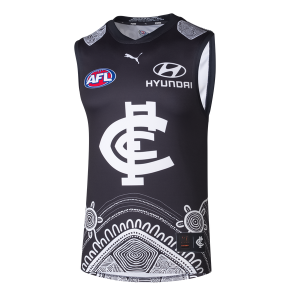 Front view of the 2025 Carlton PUMA Youth Indigenous Guernsey.