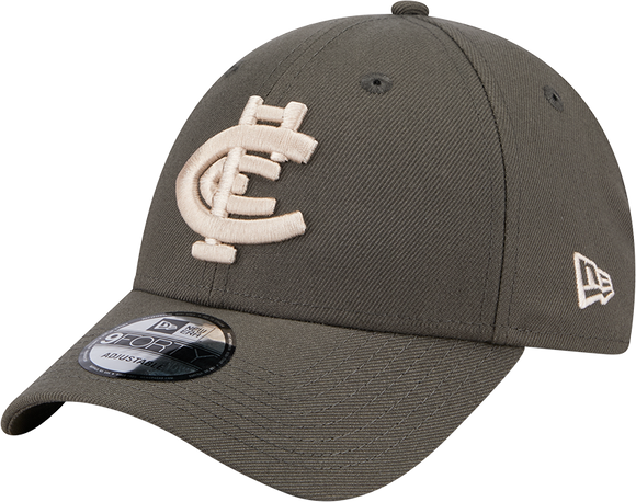 Three-quarter view of the 2025 Carlton New Era Dusty Charcoal 9Forty cap (Adult).