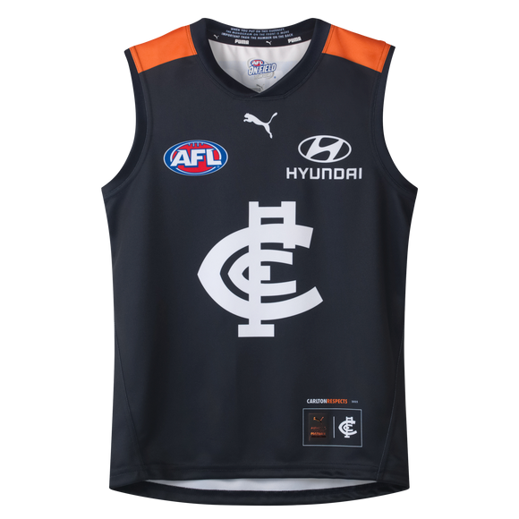 Front view of the 2025 PUMA Youth Carlton Respects Guernsey.