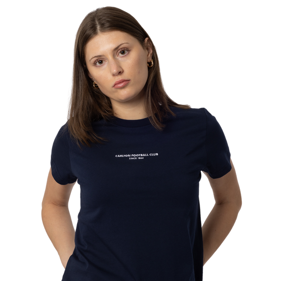 Side view of the navy Carlton Women's Signature Tee.
