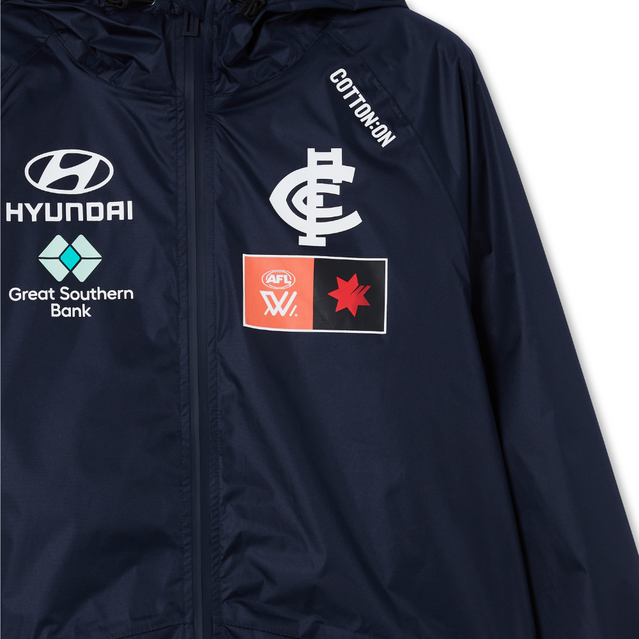 Side view of the Carlton Cotton On AFLW Unisex Wet Weather Jacket.