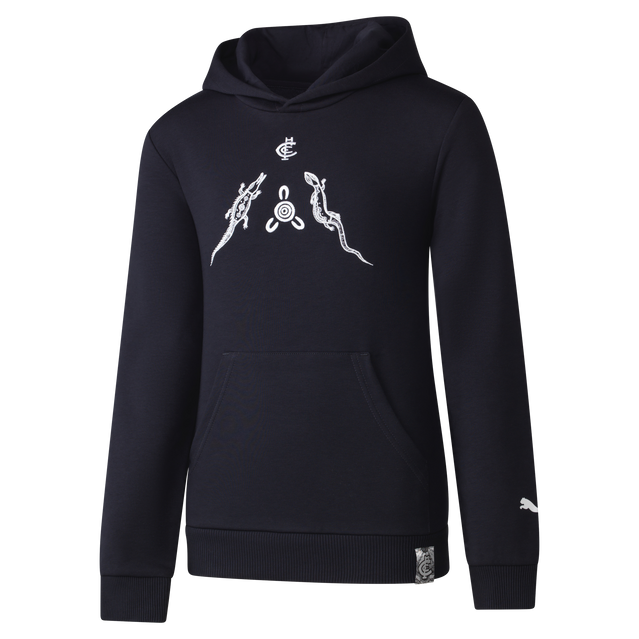 Front view of the 2024 Carlton PUMA Youth Indigenous Hood (Hoodie).
