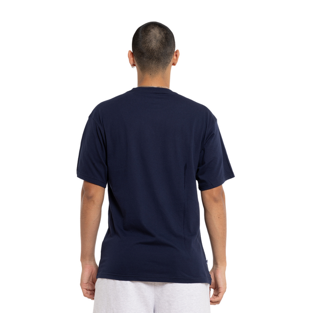 Close-up of the chest logo on the Carlton Basic Navy Tee.