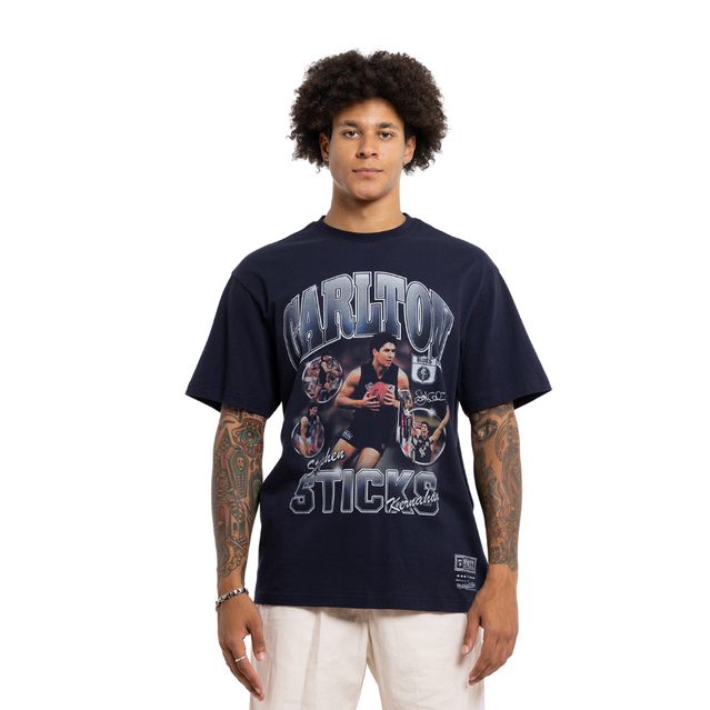 Front view of the Carlton Sticks Arch Tee by Mitchell & Ness.