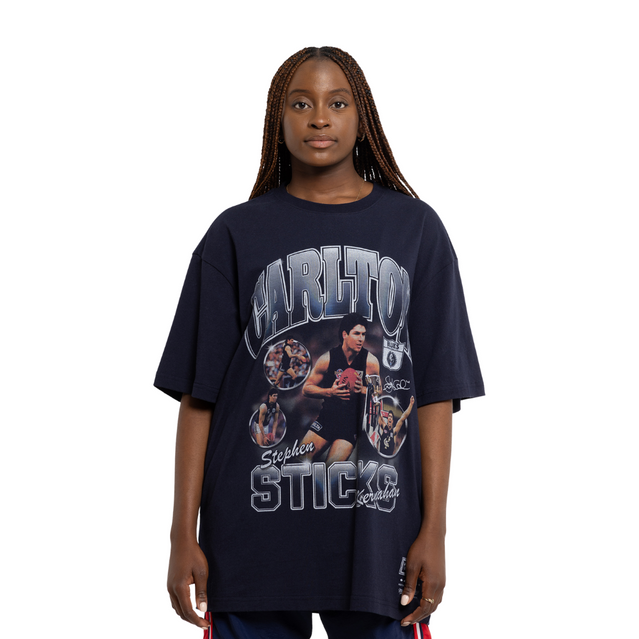 Close-up of the 'Sticks' graphic on the Carlton Sticks Arch Tee.