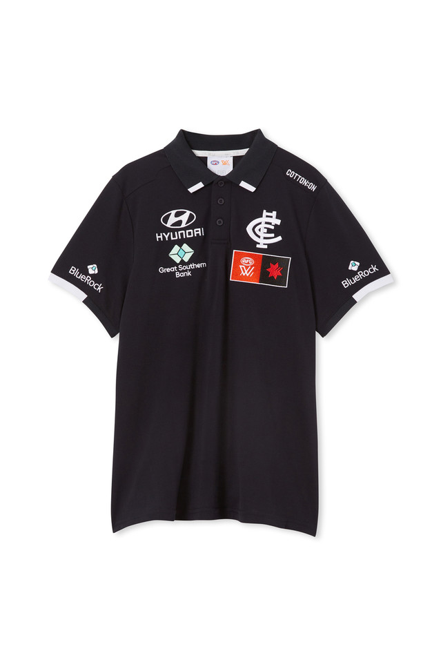 Front view of the 2024 Cotton On S9 Womens Media Polo for Carlton AFLW.