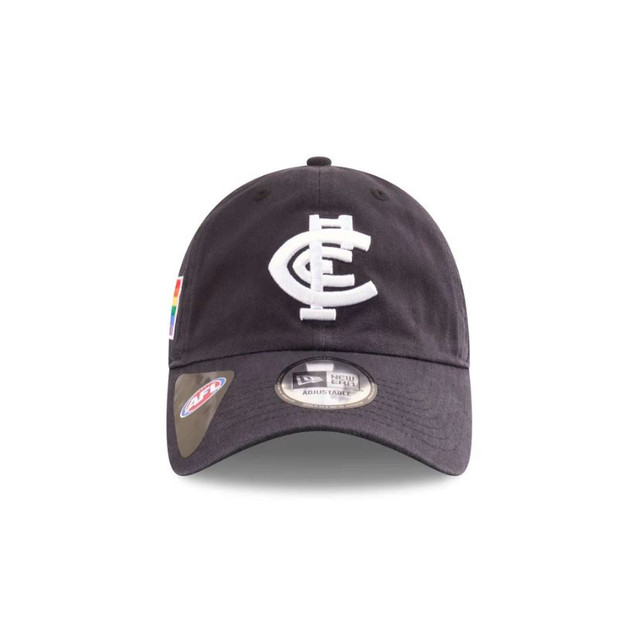 Side view of the Carlton New Era AFLW Pride cap.