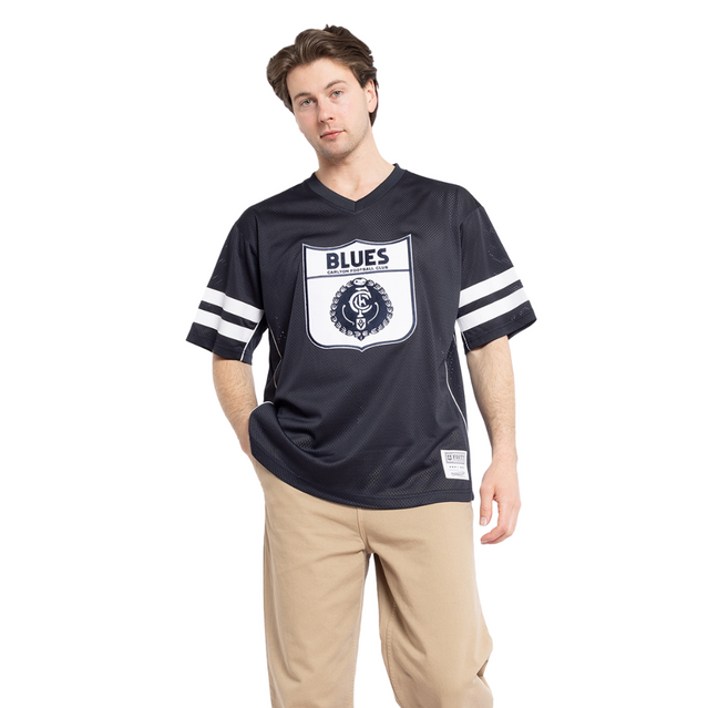 Front view of the Carlton Footy Oversized Mesh Tee by Mitchell & Ness.