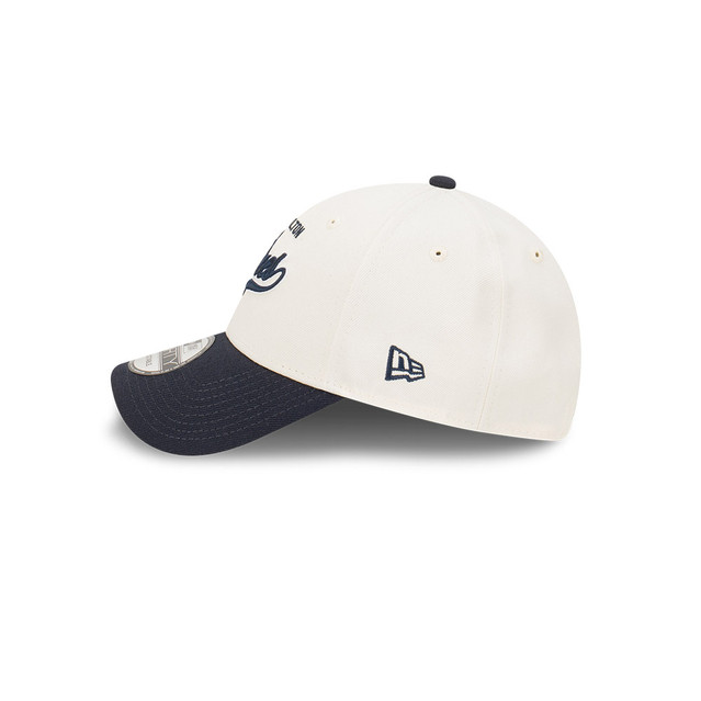 Left side view of the 2025 New Era 9Forty Chrome White Script cap.