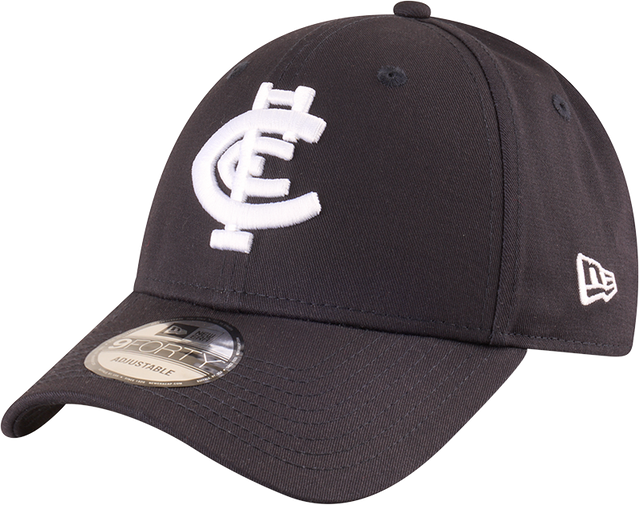 Three-quarter view of the 2025 Carlton New Era 9Forty Badged cap.