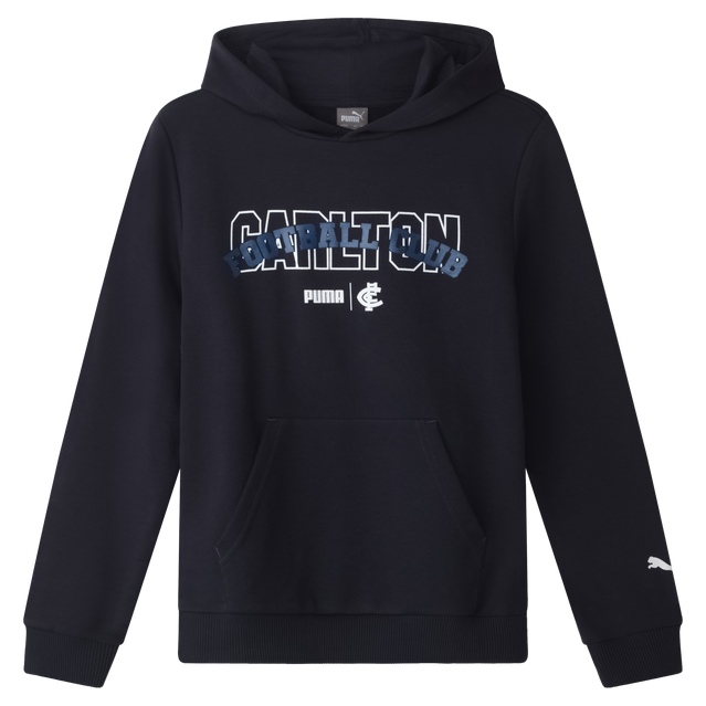 Angled front view of the 2025 Carlton PUMA Youth Graphic Hoodie.