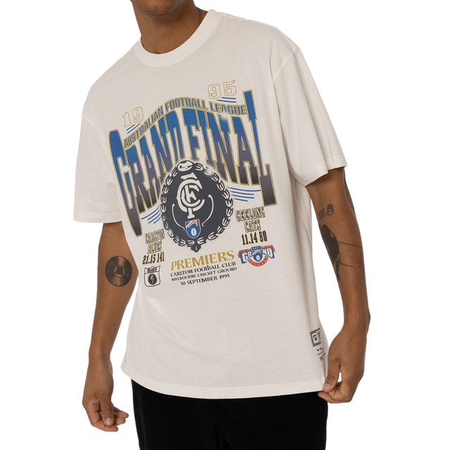 Lifestyle back shot of the '95 Grand Final News Tee worn by a model.