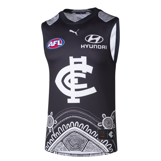 Front view of the 2025 Carlton PUMA Womens Indigenous Guernsey.
