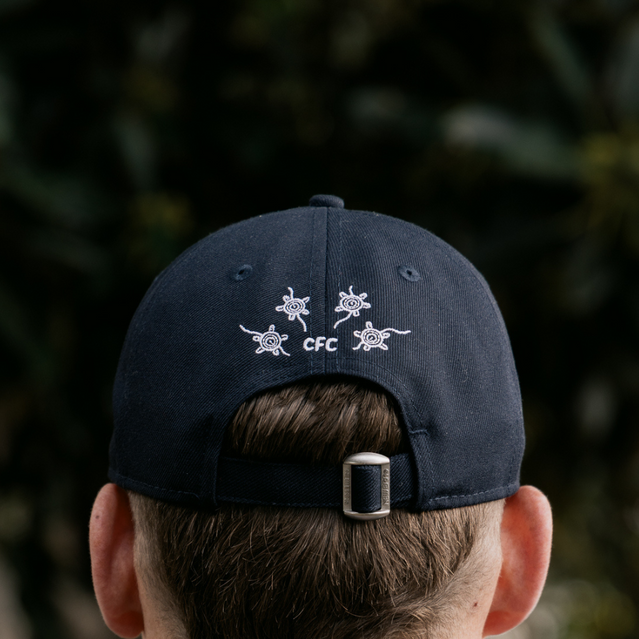 Back view of the 2025 Carlton New Era Indigenous 9Forty cap showing adjuster.