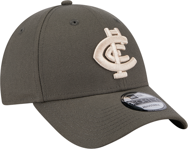Angled back view of the 2025 Carlton New Era Dusty Charcoal 9Forty cap (Adult).