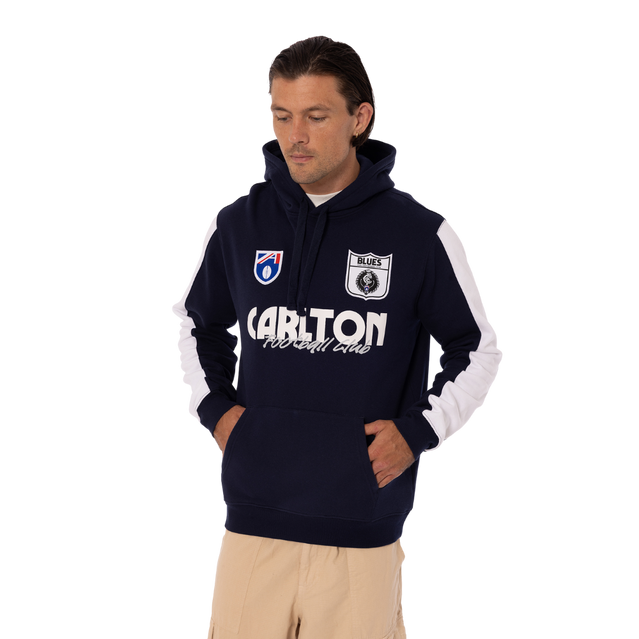 Front view of the 2025 Carlton Men's Throwback Logo Hoodie by NAR.