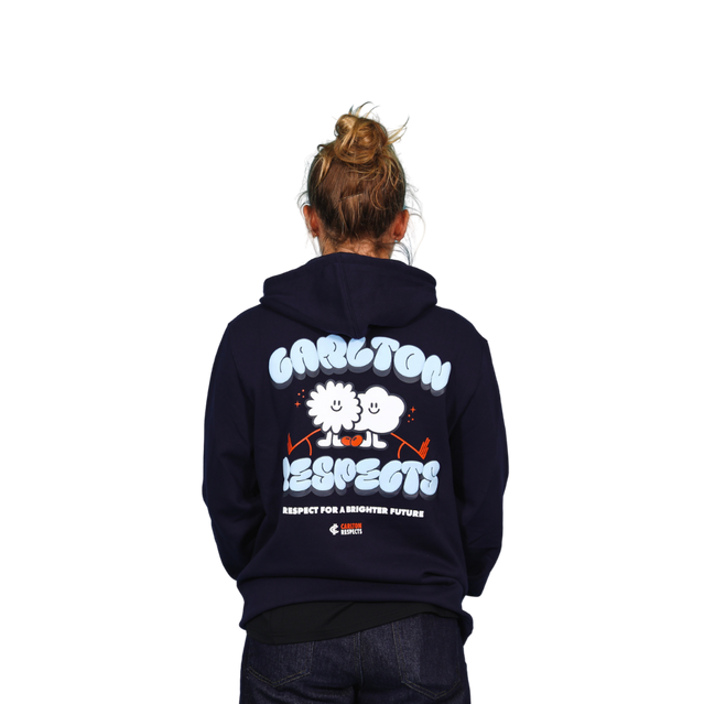 Close-up of the chest logo on the 2025 Adult Carlton Respects Hoodie.