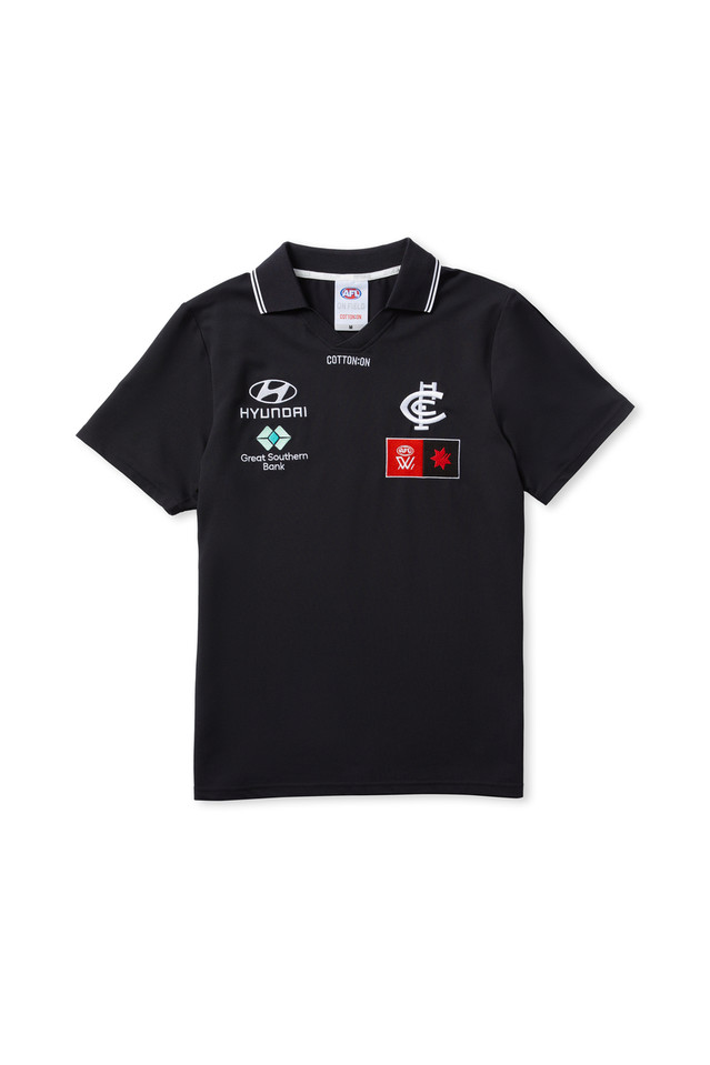 Front view of the 2025 Cotton On S10 Men's Media Polo for Carlton AFLW support.