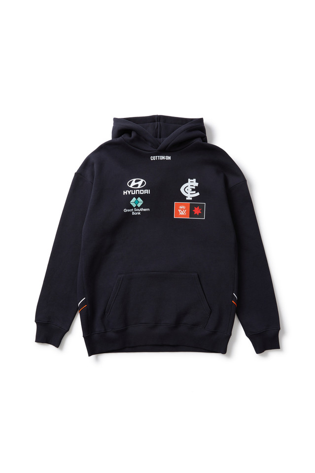Front view of the 2025 Cotton On S10 Adults Fleece Hoodie for Carlton AFLW support.