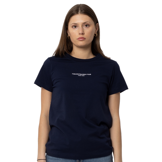 Close-up of the signature logo on the navy Carlton Women's Signature Tee.