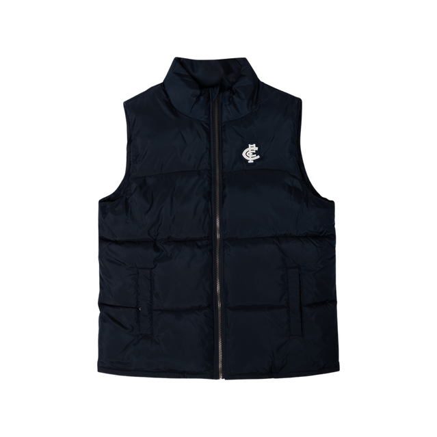 Front view of the Carlton Women's Navy Padded Vest by NAR worn by a model.