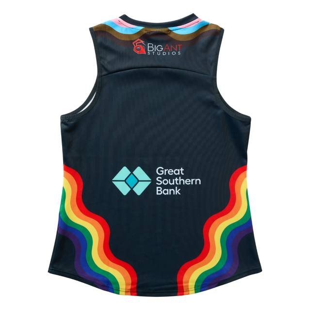 Back view of the 2025 Cotton On S10 Women's Pride Guernsey worn by a model.