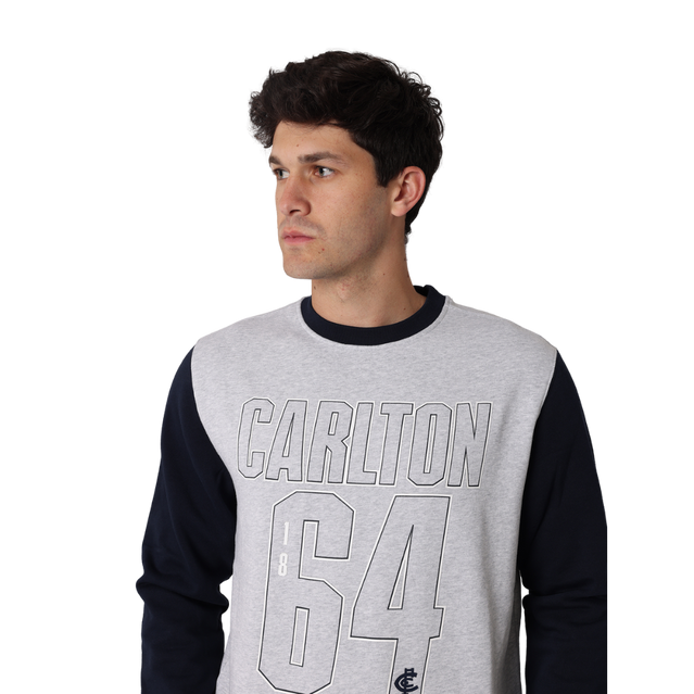 Front view of the Carlton Adults Varsity Oversized Crew sweatshirt by NAR worn by a model.