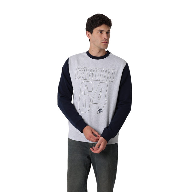 Back view of the Carlton Adults Varsity Oversized Crew sweatshirt worn by a model.