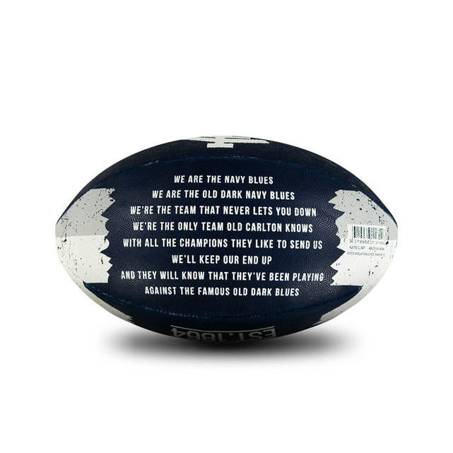 Alternate side view of the Size 2 Carlton Song Football by Sherrin, showing club song lyrics.