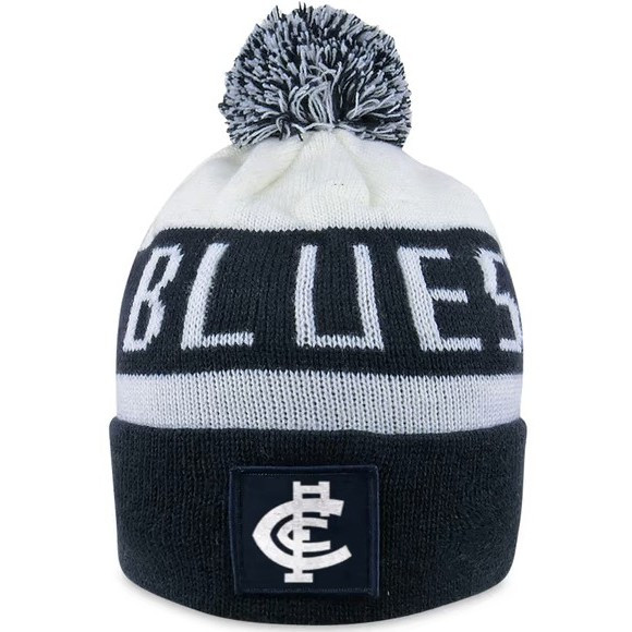 Carlton Original Bar Beanie by Sekem, featuring navy and white stripes and a pom-pom.