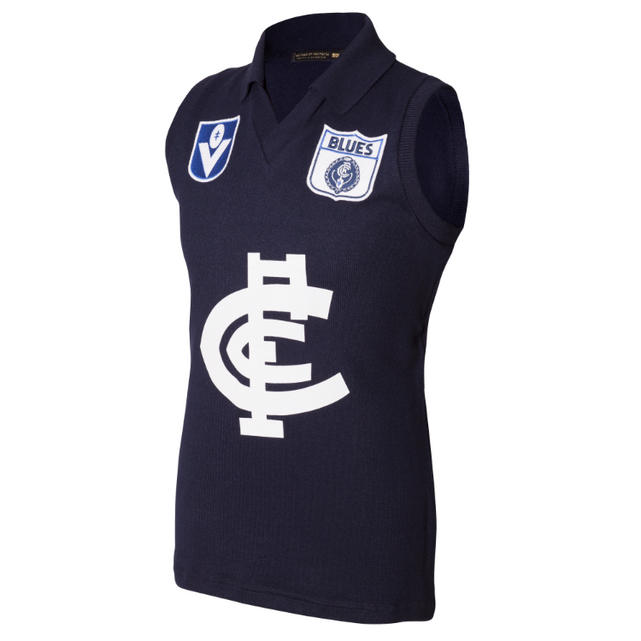 Front view of the Carlton VFL Wool Guernsey by Woolmark with traditional V-neck.