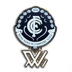 Official Carlton AFLW Logo Pin by Trofe, shown in packaging.