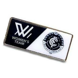 Official Carlton AFLW Team Pin by Trofe, featuring the club logo, in packaging.
