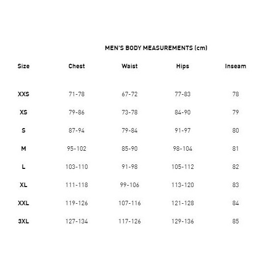 PUMA Mens Size Chart for tops including the Mens Padded Vest.